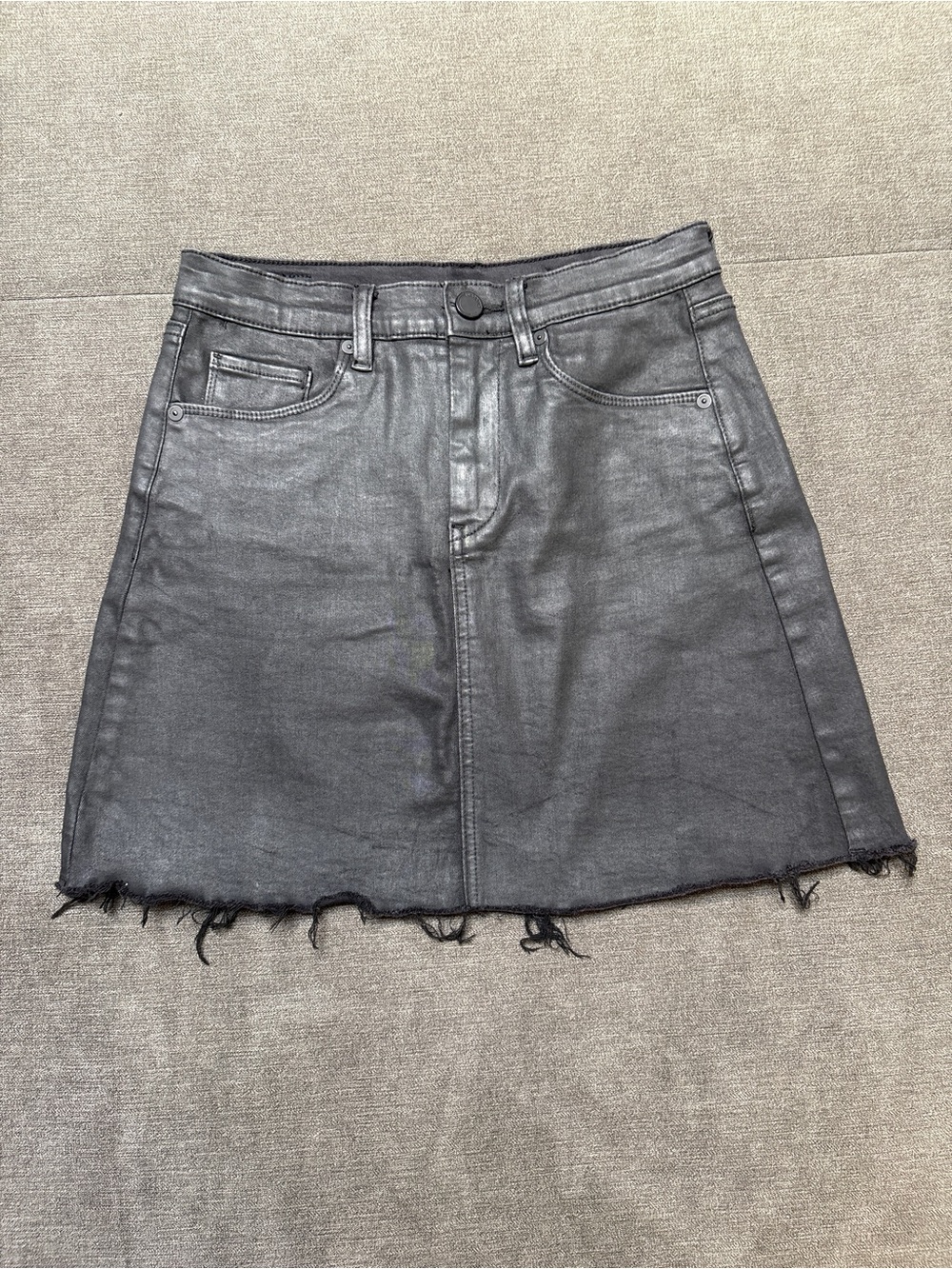 BLANKNYC Black Coated Denim Mini Skirt Womens 27 Raw Hem Faux Leather A Line